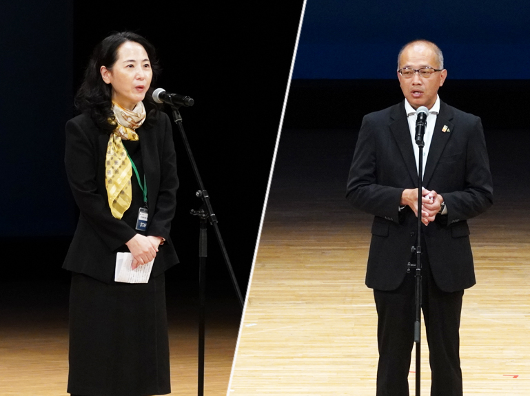 開会の挨拶（左：朴英恵文化院長、右：宮崎県 佐藤弘之副知事）