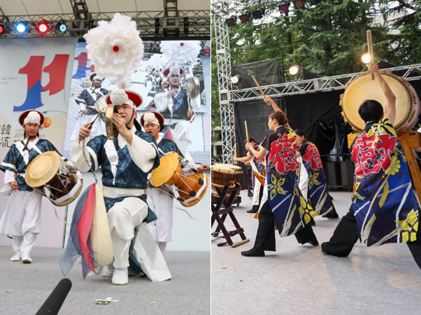 韓国と日本の太鼓演奏：打楽グループ ジンミョン(左)と東京理科大学 和太鼓 樹(右)の舞台