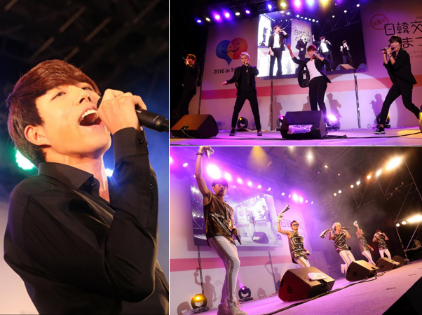 K-POPコンサートの舞台［カン･ハニ（左）］［THE 5tion（右上）］［BEE SHUFFLE（右下）］